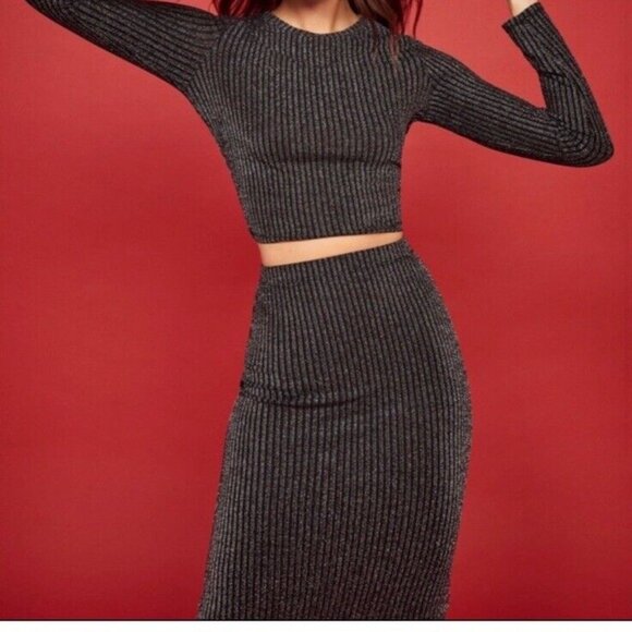 Reformation Val Two Piece Top Midi Skirt Shimmer Stripe Black Size XL - Picture 2 of 8